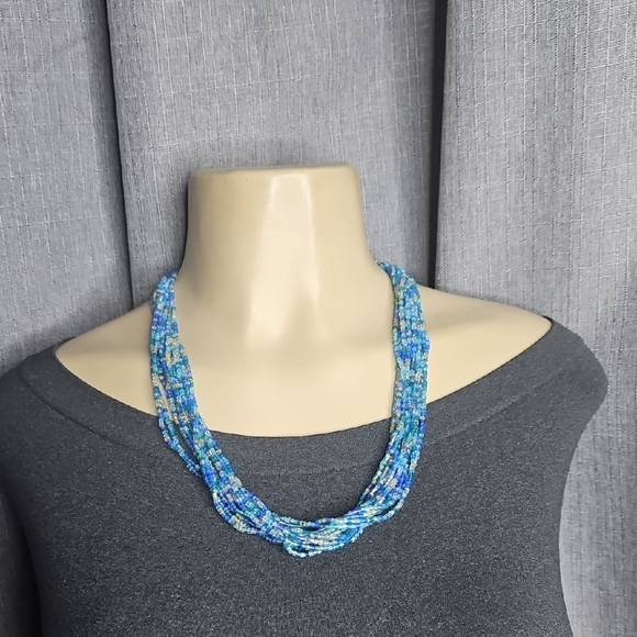VINTAGE BLUE GLASS BEADED NECKLACE MULTISTRAND - Picture 1 of 6
